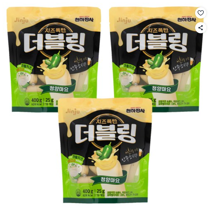 [쿠팡핫딜] 진주햄 더블링 청양마요 간식 소시지, 400g, 3개 (13,810원/무료)