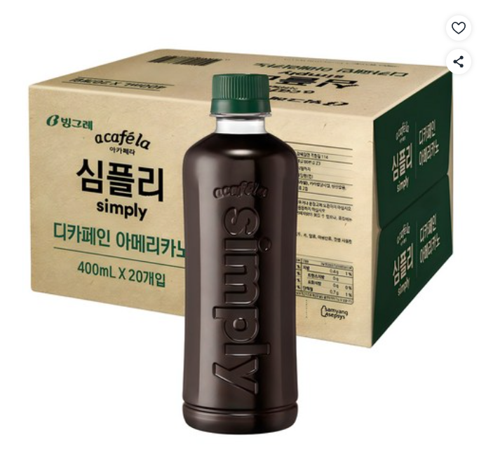 [쿠팡핫딜] 아카페라 심플리 디카페인 아메리카노 무라벨, 400ml, 20개 (16,900원/무료)